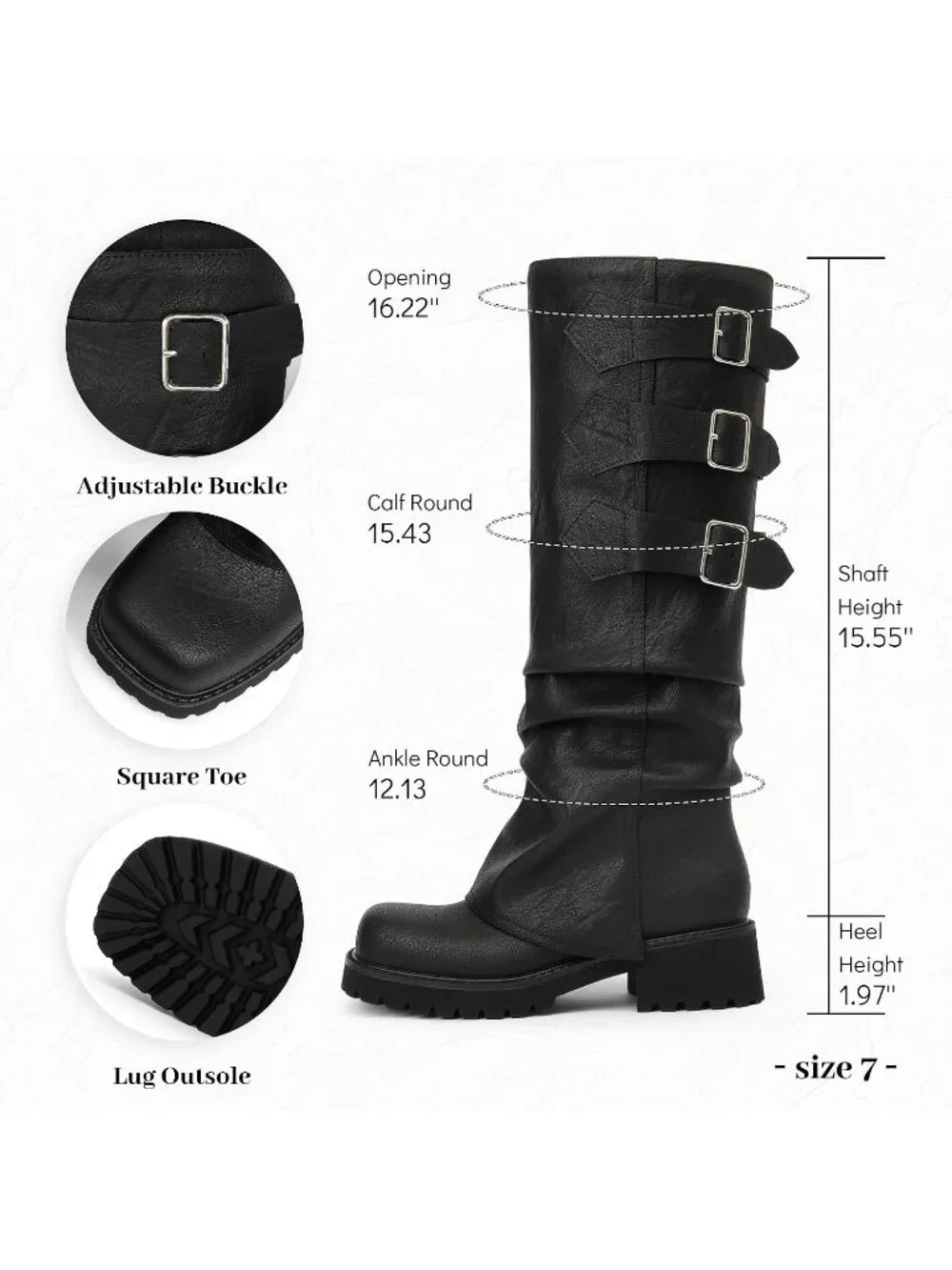 Women's Black Block Heeled Square Toe Fold Over Knee High Moto Riding Boots